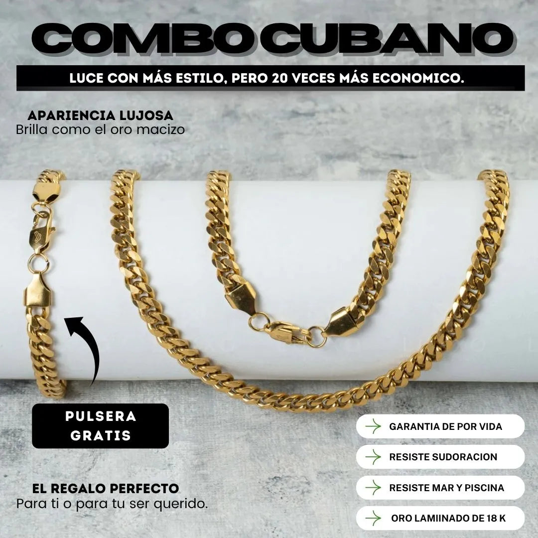 Combo Cubano Premium Oro Laminado 18 K — Pulsera Gratis